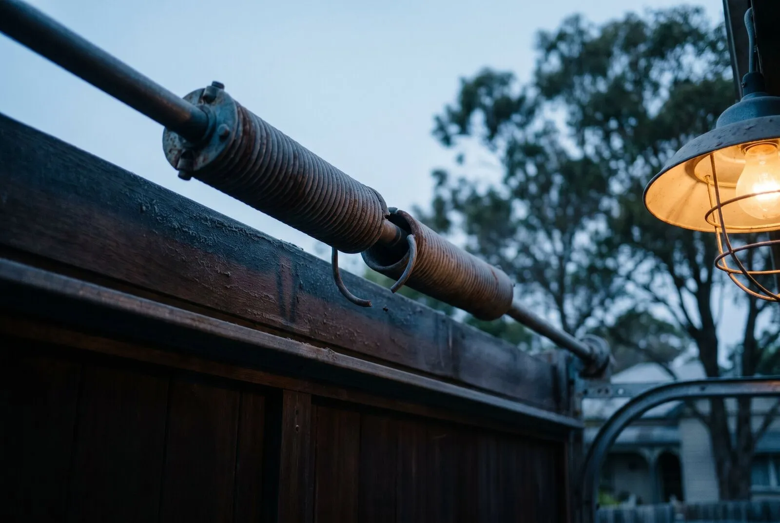 Close view of an aged torsion spring above a garage door with one coil visibly separated