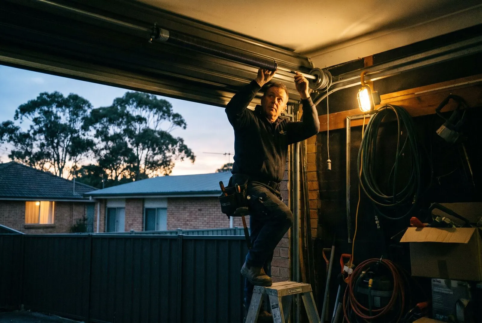 A technician on a platform ladder working on the torsion spring shaft above a sectional garage door before dawn